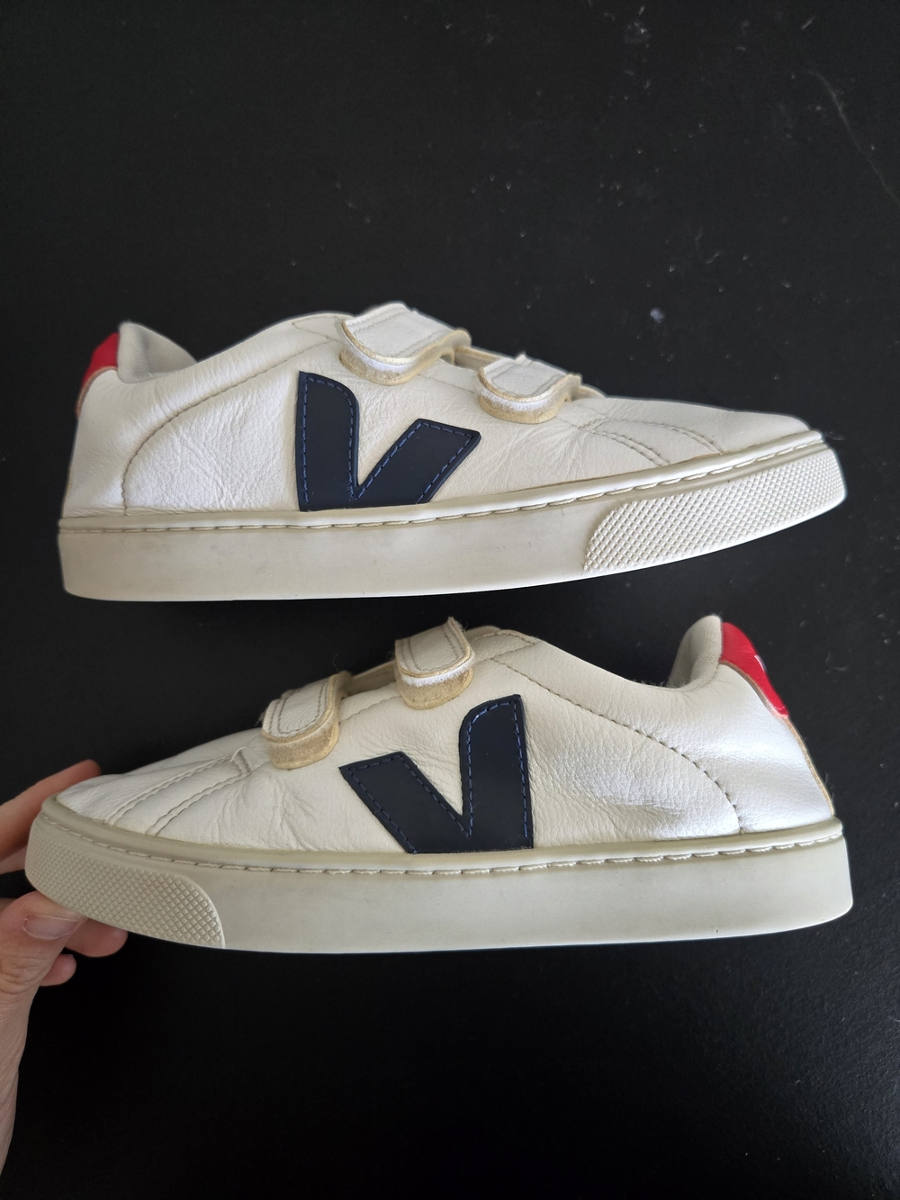 Veja Kids White Leather Sneakers with Navy V and Red Heel Tab